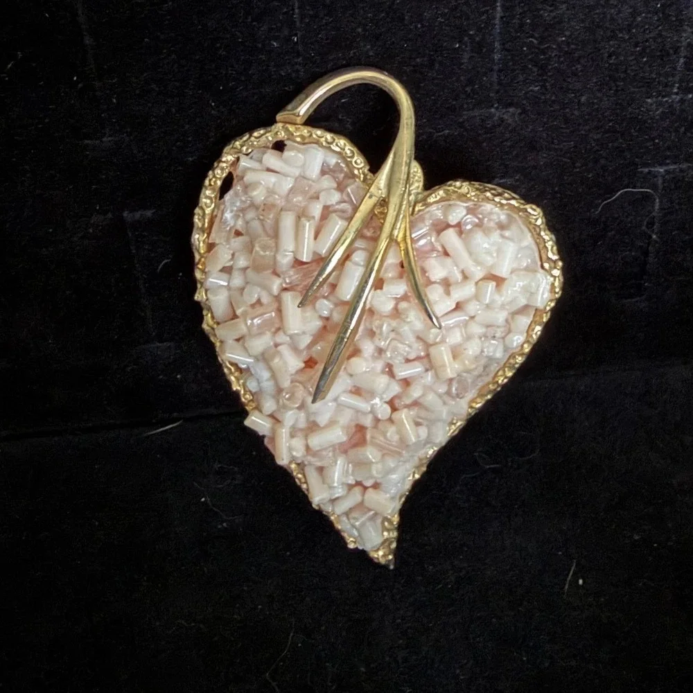 Vintage Gold Tone Beaded Heart Brooch Pendant Pink White Seed Bugle Beads 2in